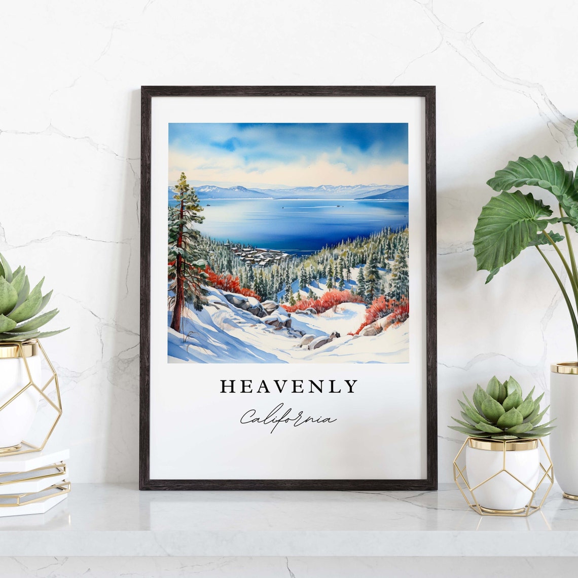 Heavenly California Watercolor Lake Tahoe Snowy Pines Ski View Poster - Image 3
