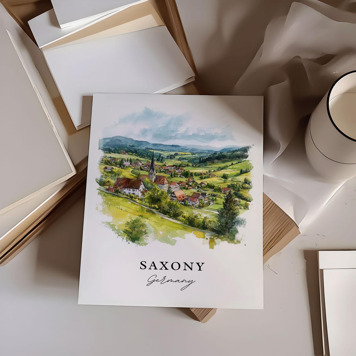 Saxony Germany Countryside Village Church Watercolor Travel Poster - Image 6