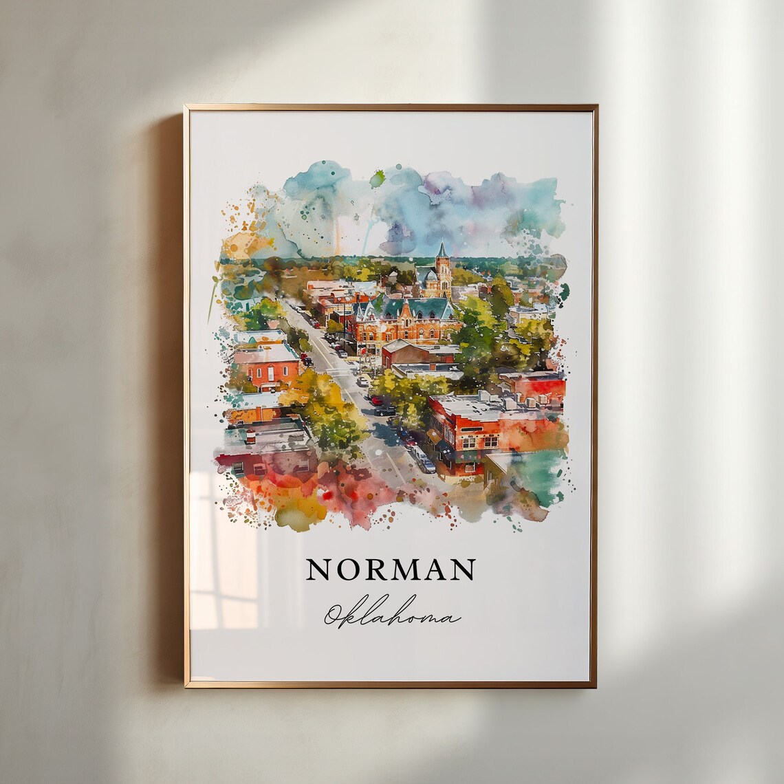 Norman Oklahoma Watercolor Travel Poster, Gift