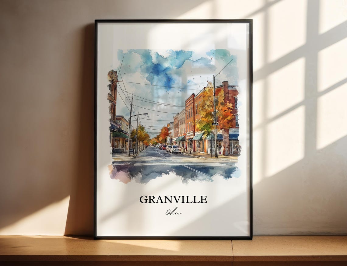 Granville Ohio Watercolor Main Street Autumn Charm Travel Poster