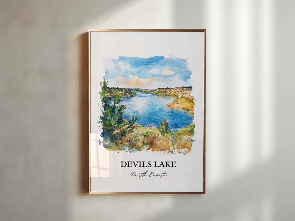 Devils Lake North Dakota Prairie Lake Watercolor Landscape Poster - Image 5