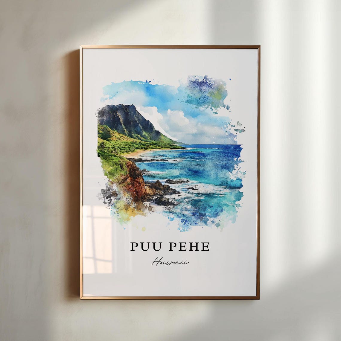 Puu Pehe Hawaii Watercolor Sea Cliffs Ocean Scene Art Poster