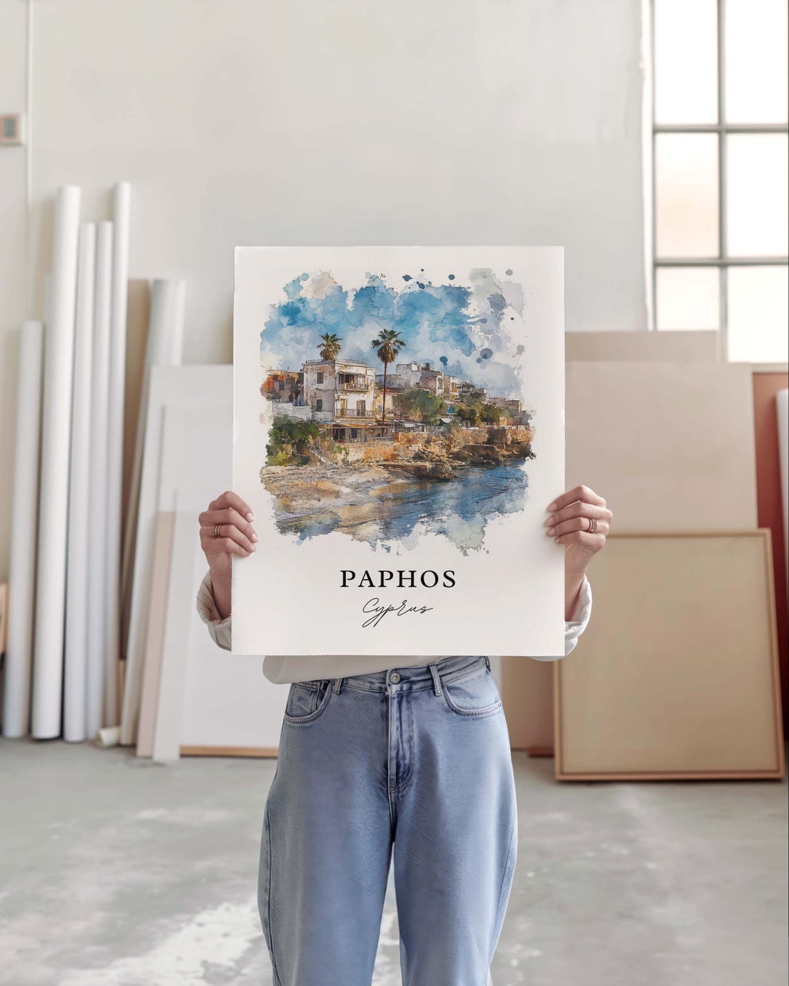 Paphos Cyprus Coastal Old Town Palms Rocky Shoreline Watercolor Poster - Image 3
