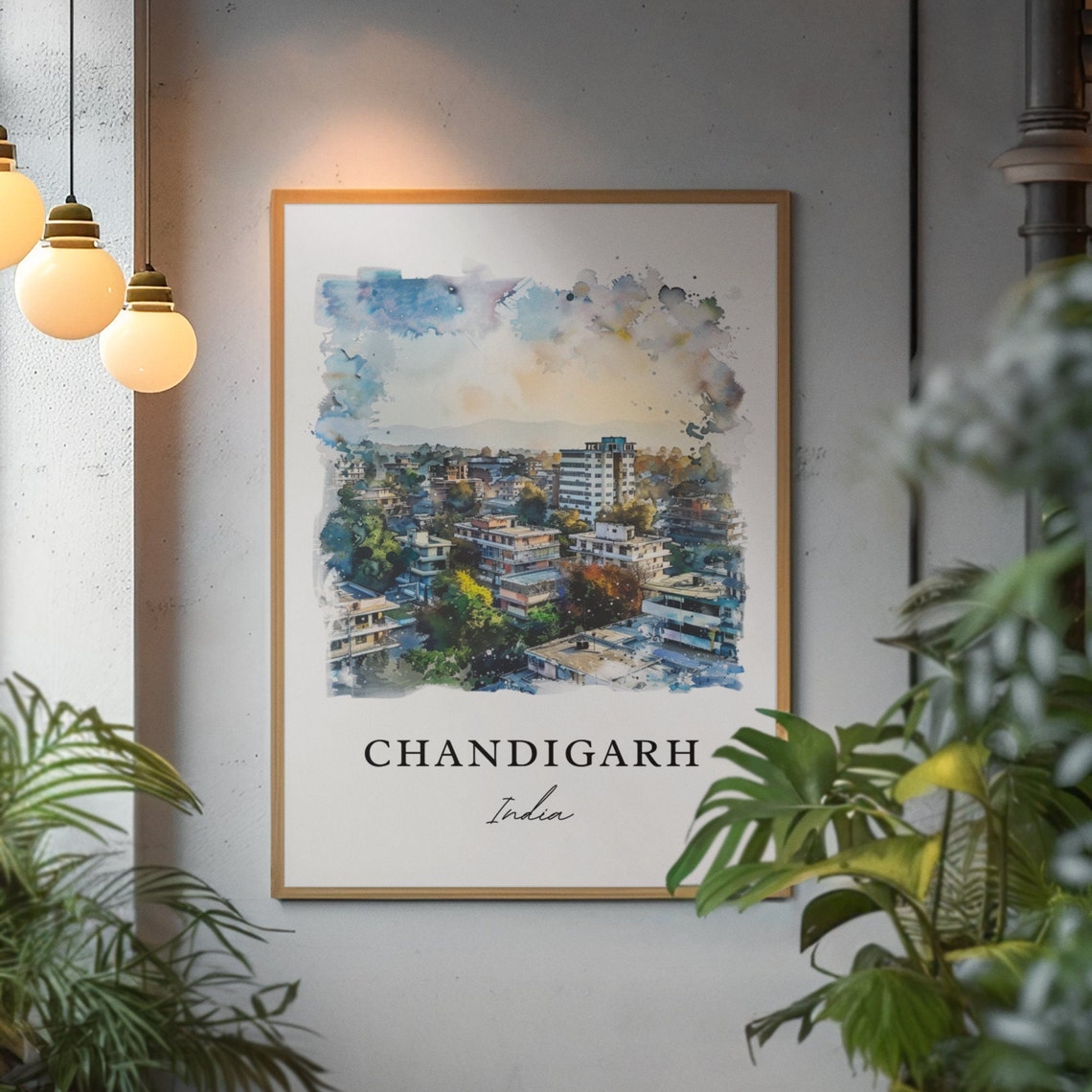 Chandigarh India Modern Green Cityscape Watercolor Travel Poster