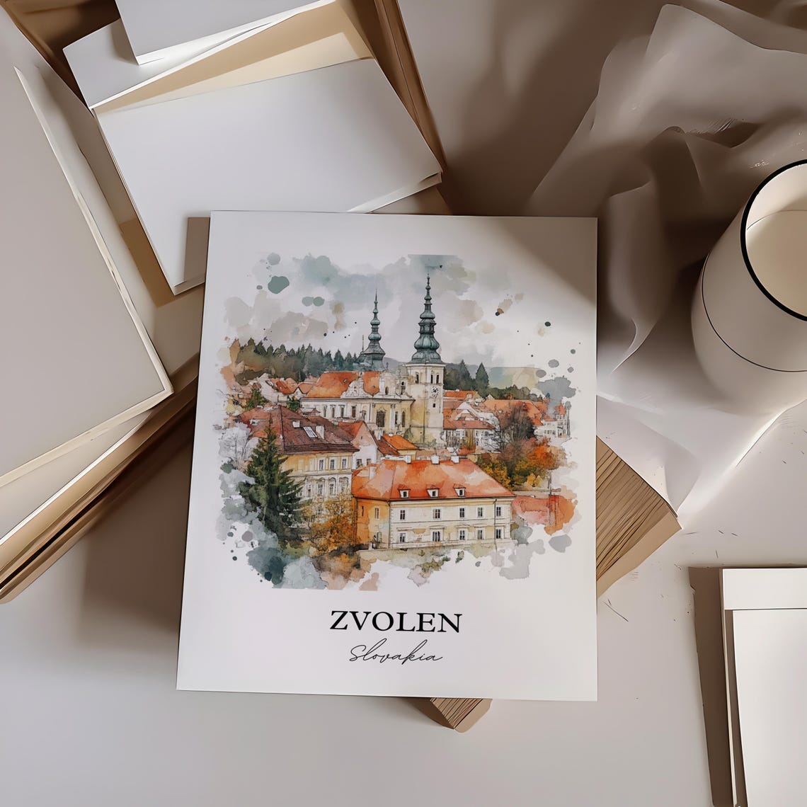 Zvolen Slovakia Baroque Church Spires Watercolor Old Town Poster - Image 2