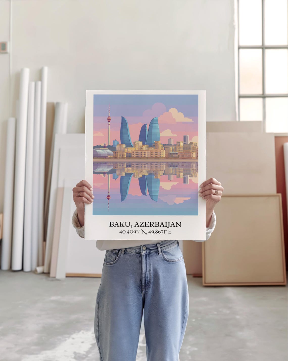 Baku Azerbaijan Flame Towers Waterfront Reflection Retro Travel Poster - Image 4