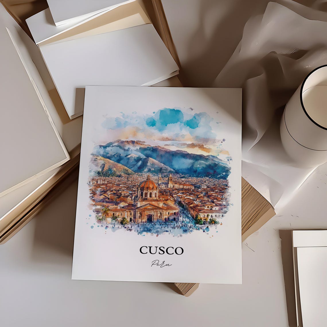 Cusco Peru Andean Watercolor Domed Church Cityscape Art Poster - Image 3