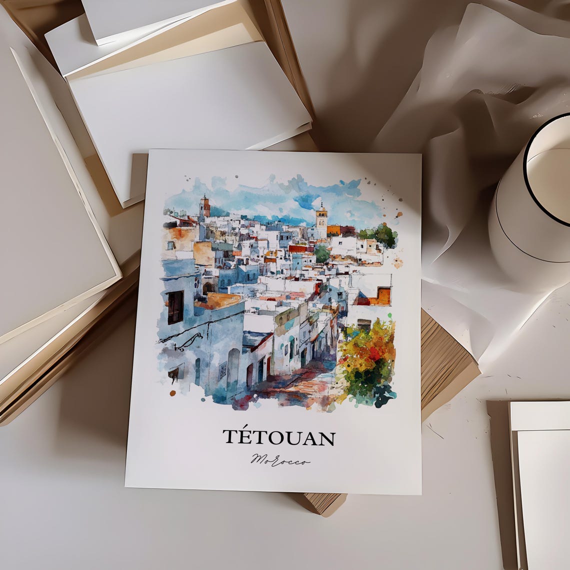 Tetouan Morocco African Watercolor Medina Blue Town Art Poster - Image 4