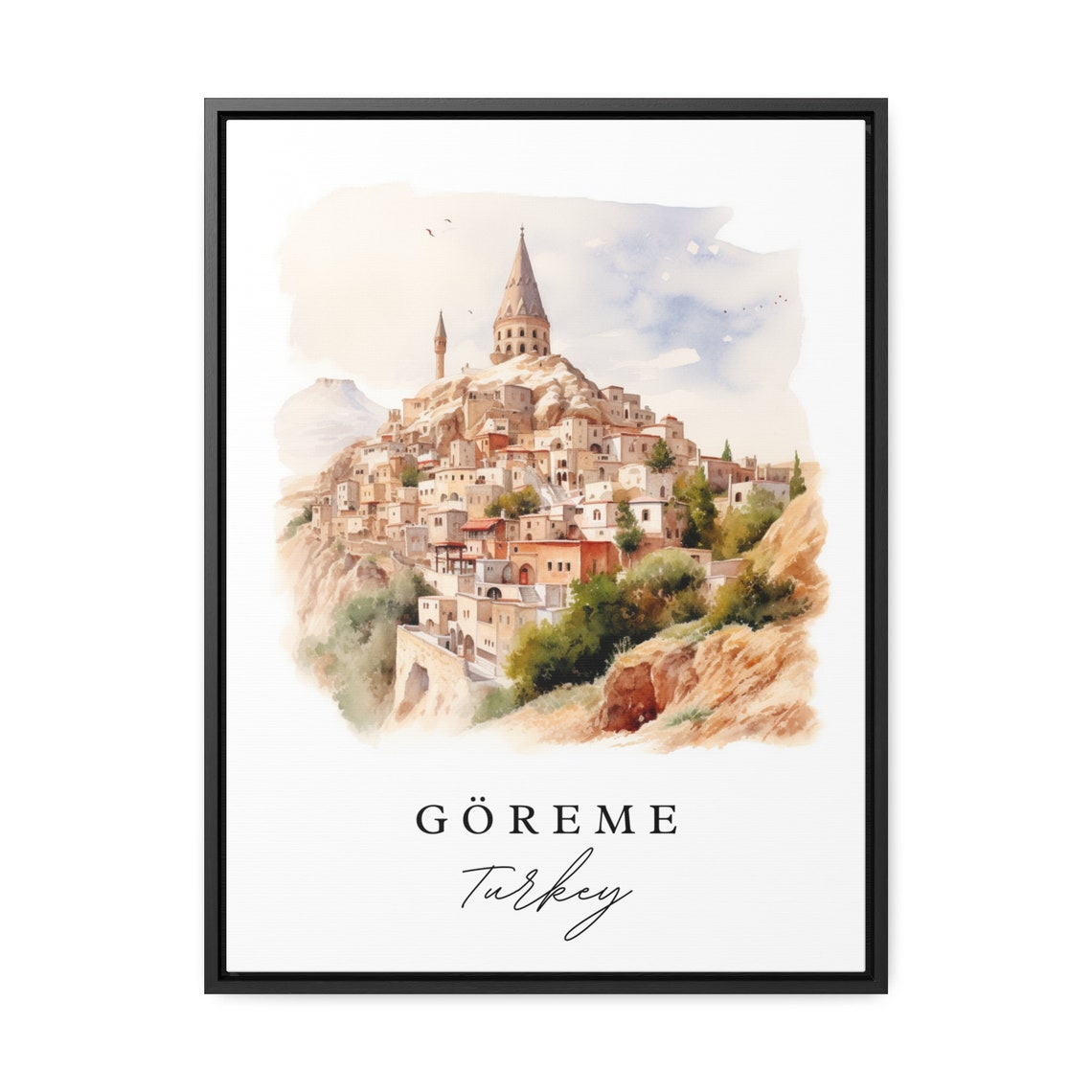 Goreme Cappadocia Turkey Watercolor Hilltop Old Town Art Poster