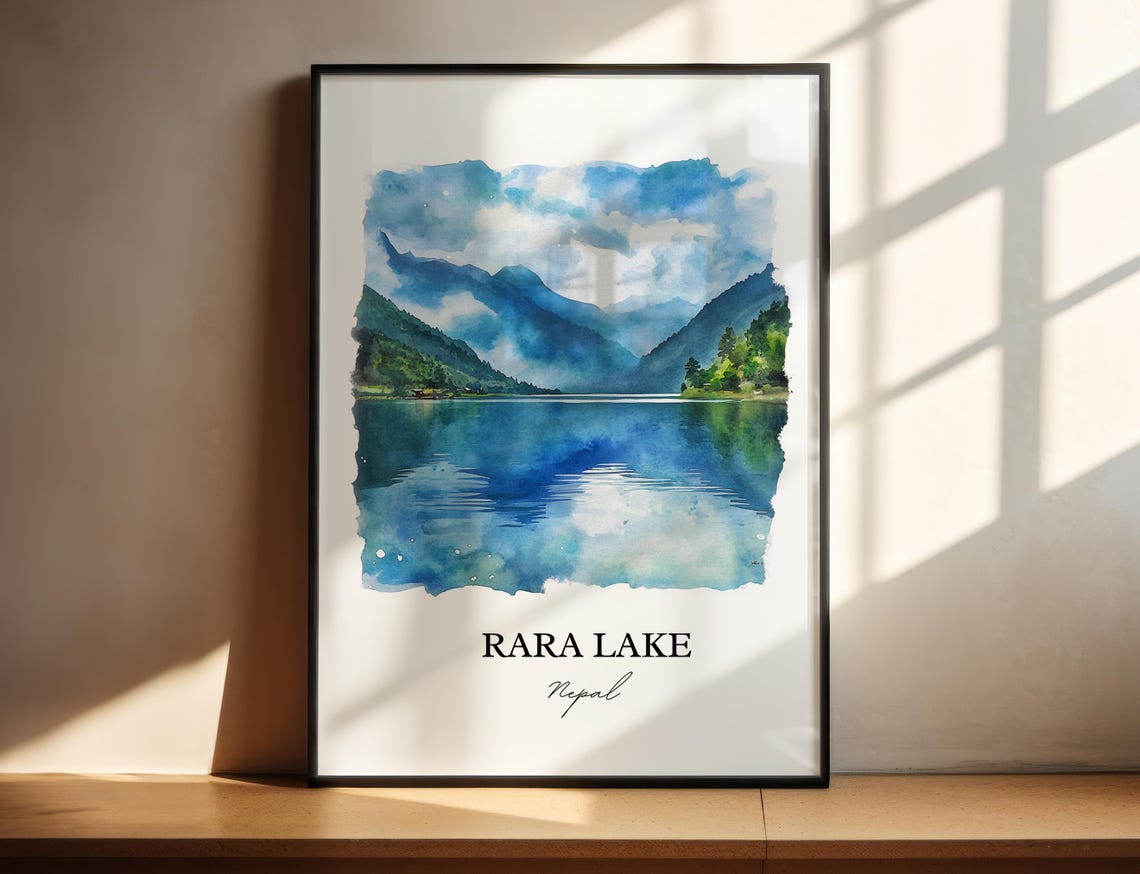Rara Lake Nepal Watercolor Mountain Lake Reflection Travel Poster