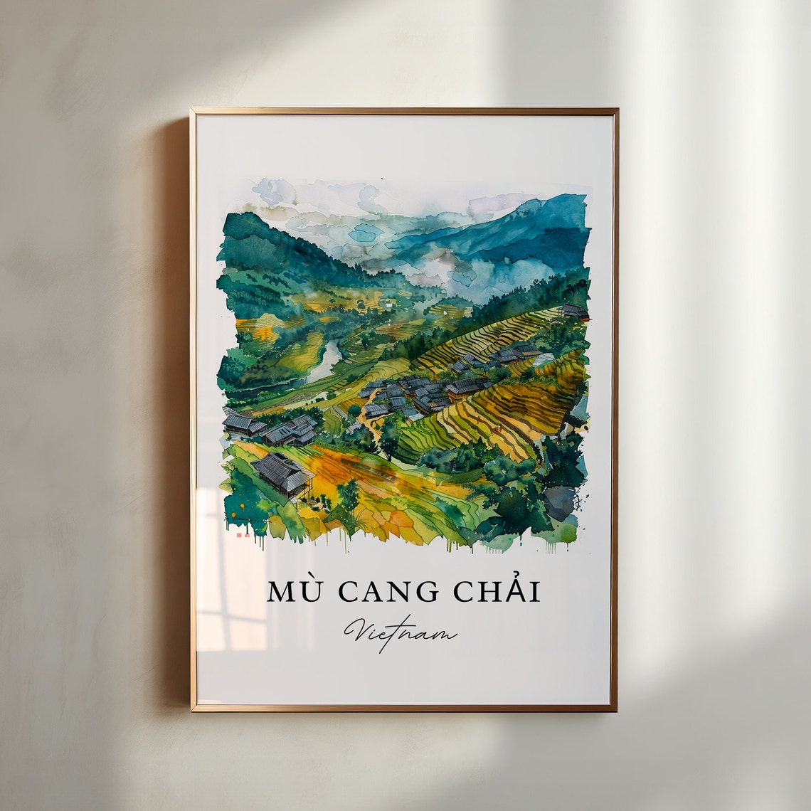 Mu Cang Chai Vietnam Golden Rice Terraces Watercolor Travel Poster