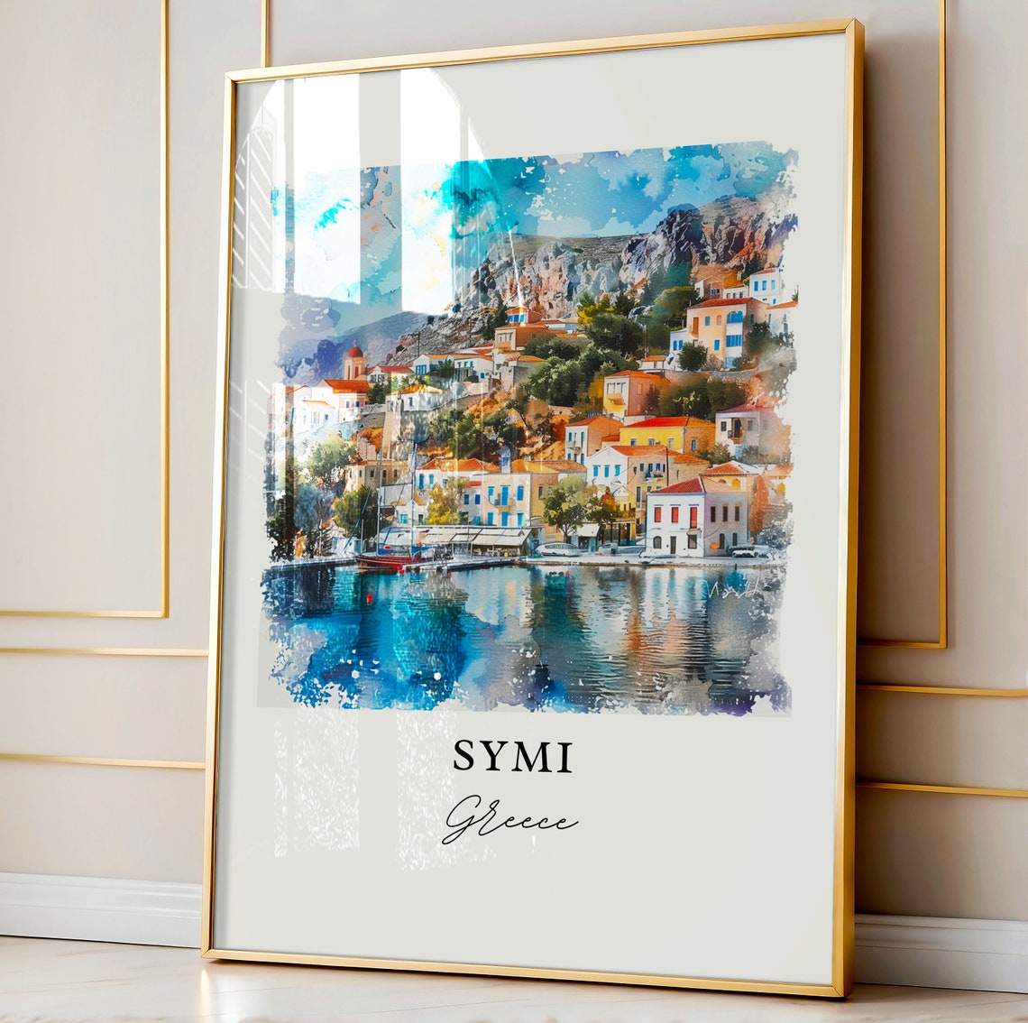 Symi Greece Dodecanese Harbor Island Watercolor Village Poster - Image 4