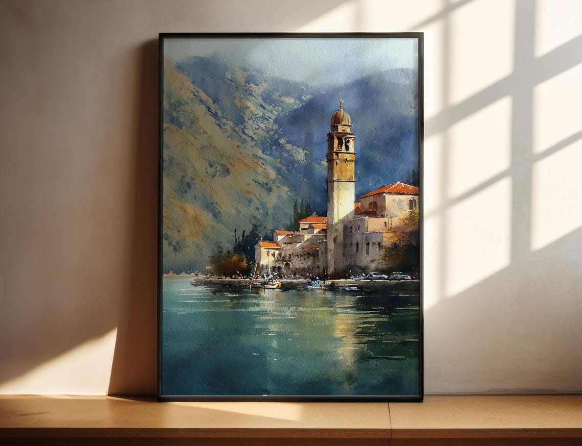 Kotor Montenegro Bay Church Bell Tower Watercolor Travel Poster