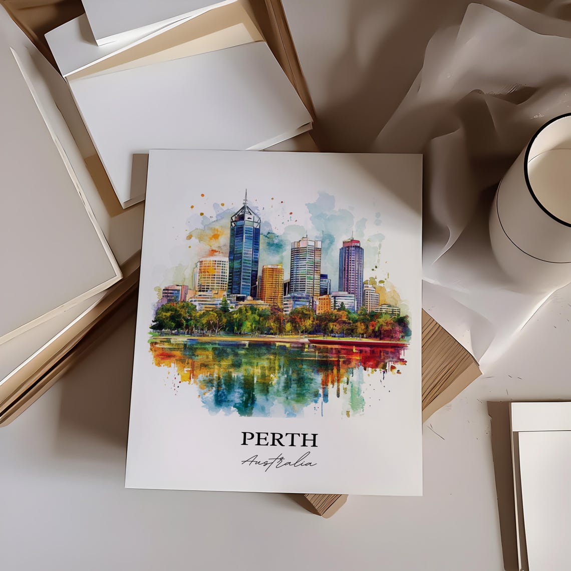 Perth Australia Skyline River Reflection Watercolor Splash Art Poster - Image 2