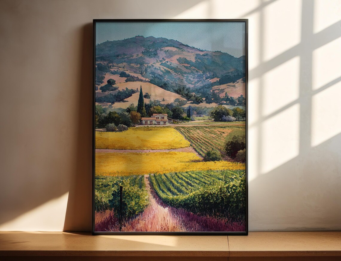 Napa Valley California Vineyard Estate Golden Hills Watercolor Poster