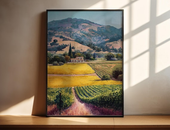 Napa Valley California Vineyard Estate Golden Hills Watercolor Poster