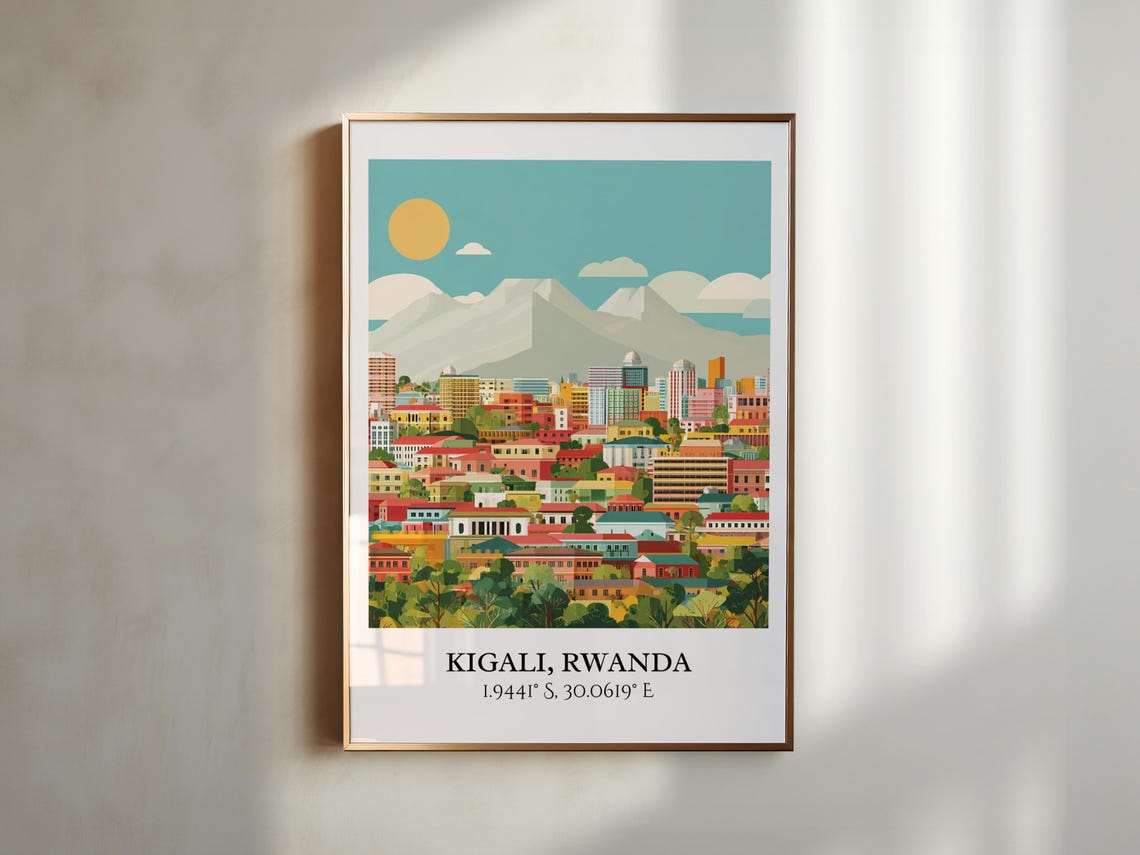 Kigali Rwanda Hillside City Skyline Sunrise Retro Travel Poster - Image 4