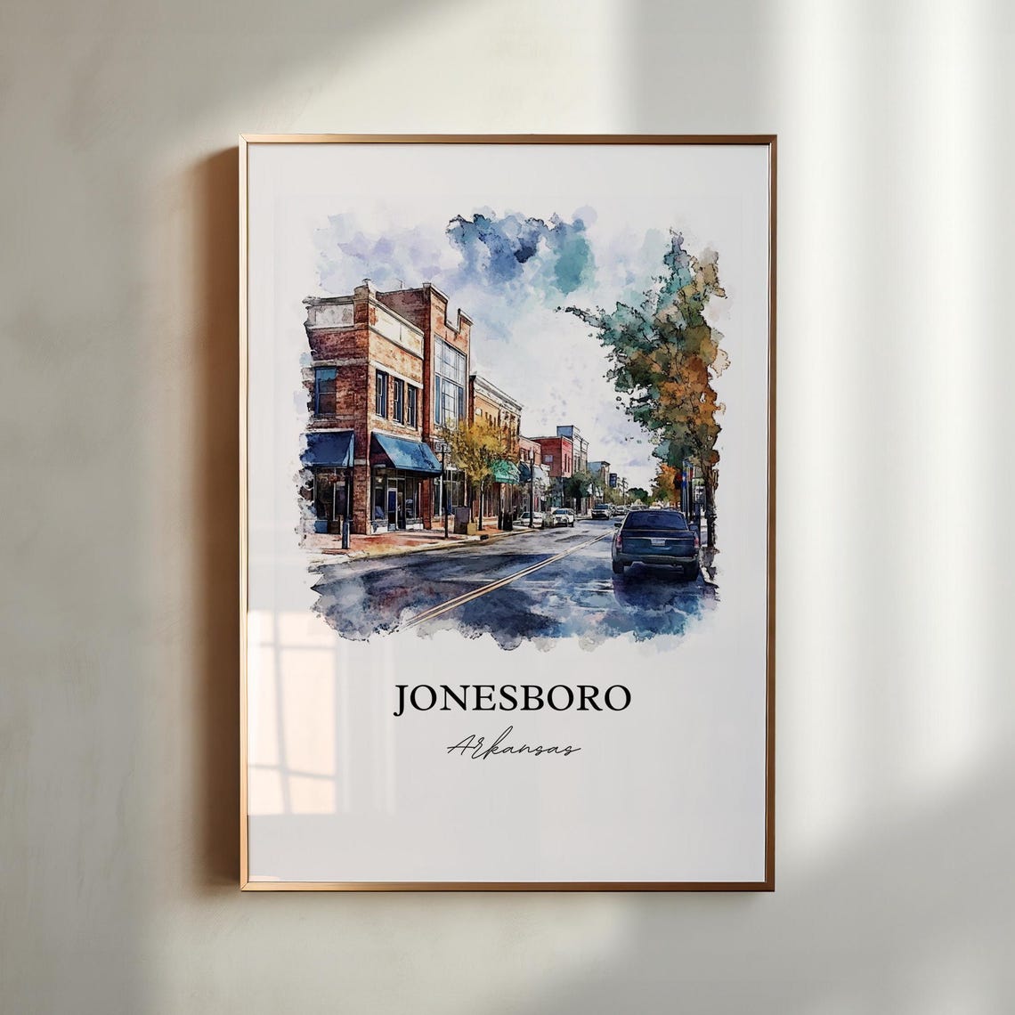 Jonesboro Arkansas Brick Storefront Street Watercolor Travel Poster