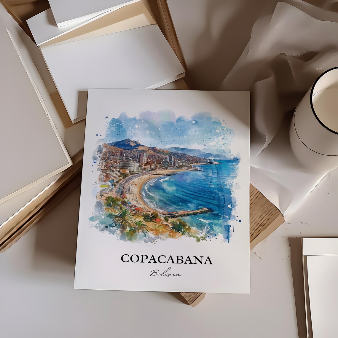 Copacabana Bolivia Watercolor Lake Shore Cityscape Travel Poster - Image 3