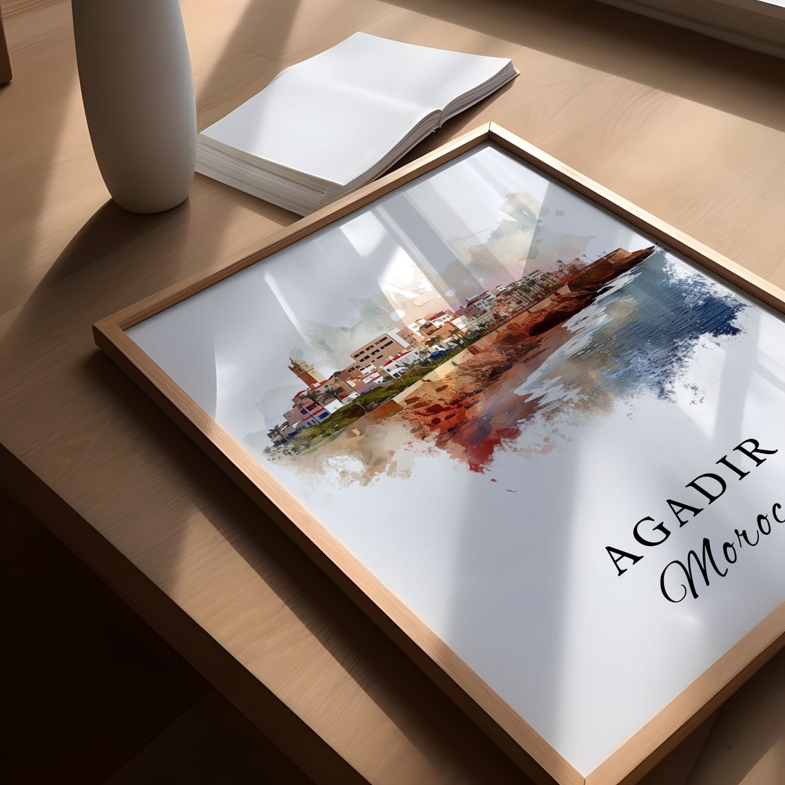Agadir Morocco Cliffside Coastline City Watercolor Travel Poster - Image 5