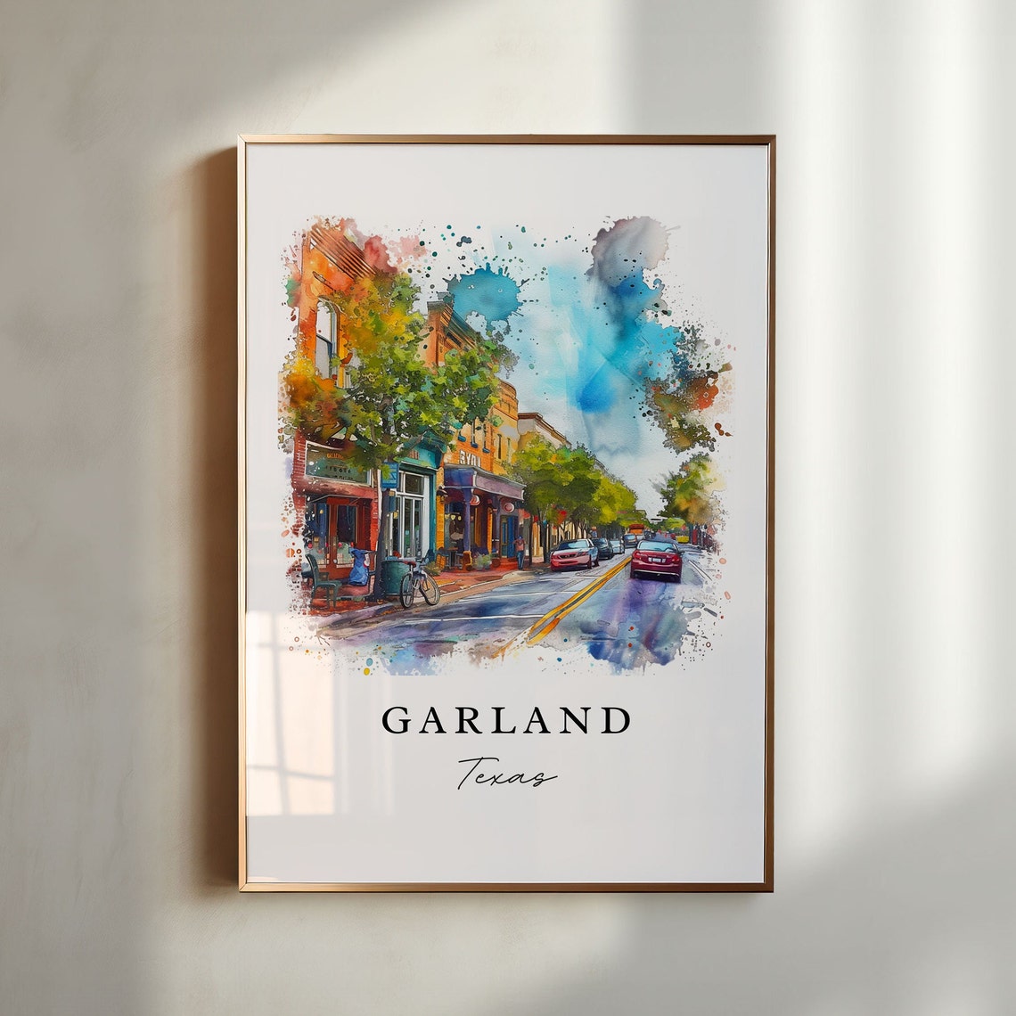 Garland Texas Watercolor Colorful Downtown Main Street Poster
