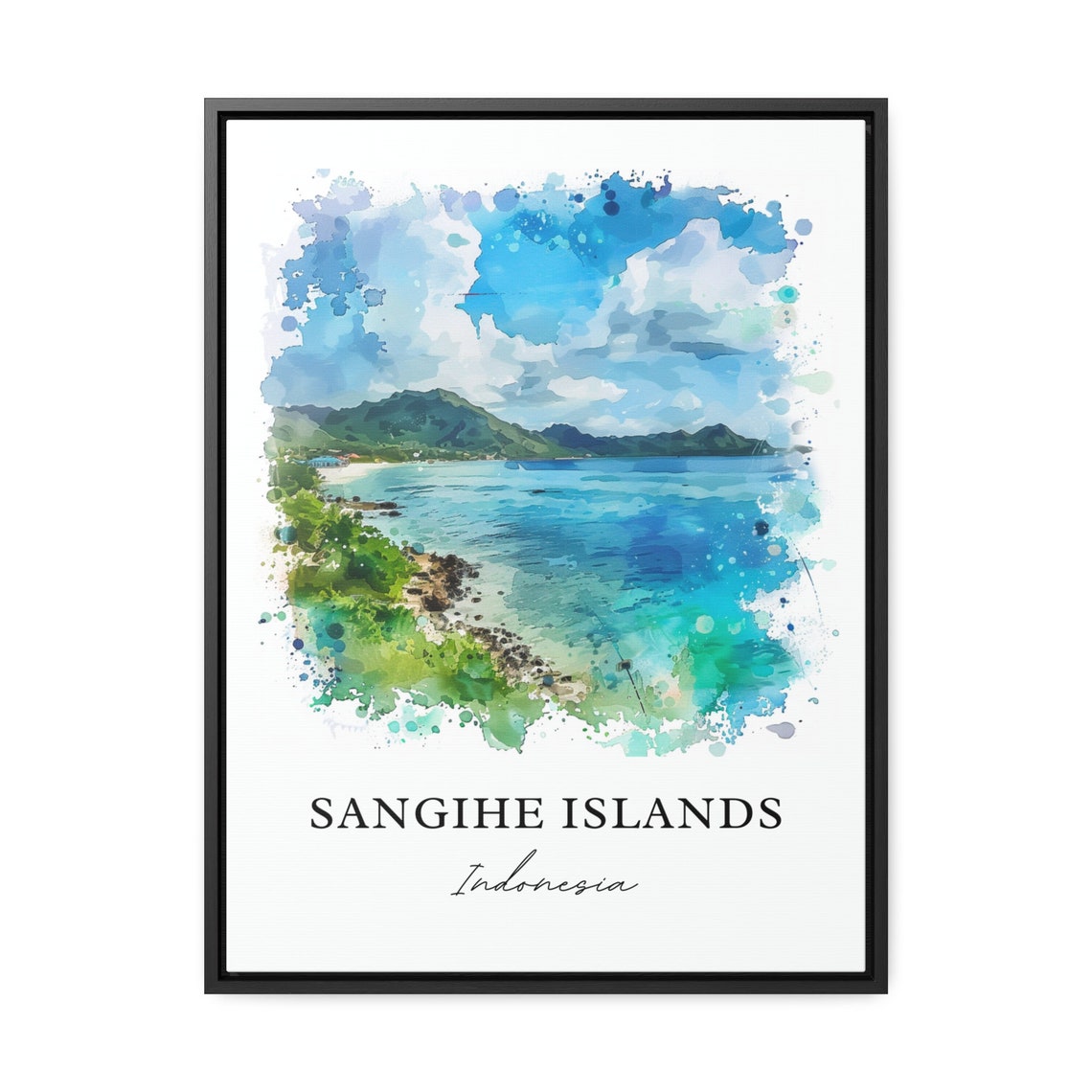 Sangihe Islands Indonesia Tropical Cove Watercolor Island Beach Poster - Image 3
