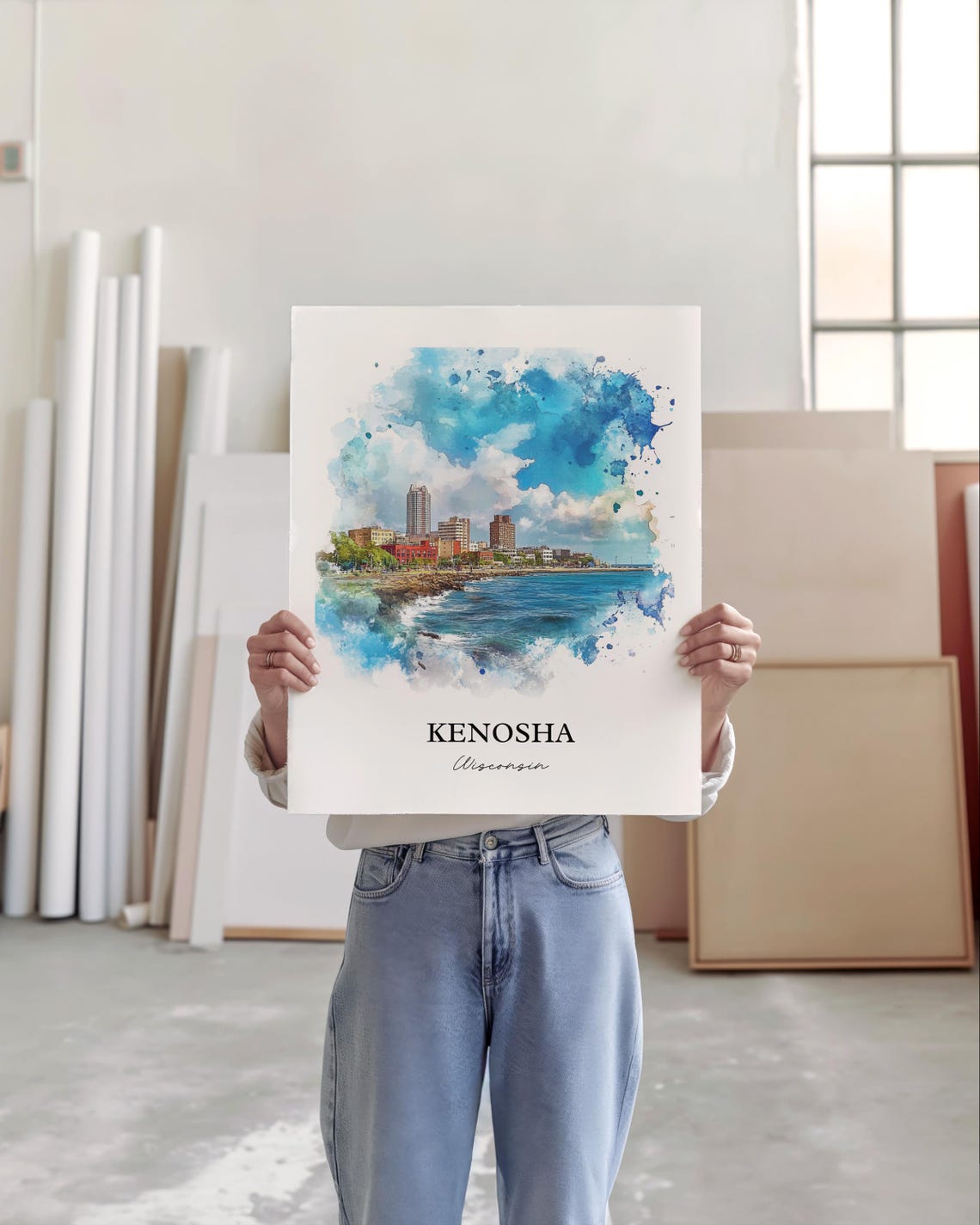 Kenosha Wisconsin Watercolor Lakefront Skyline Blue Waves Poster - Image 4
