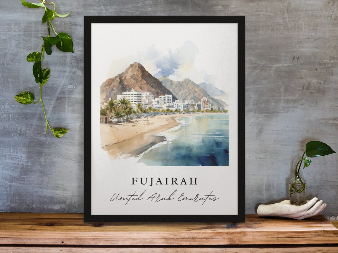 Fujairah UAE Watercolor Beach City Mountain Coast Travel Poster