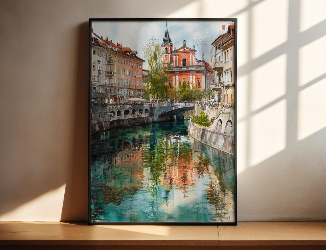 Ljubljana Slovenia Riverside Watercolor Old Town Bridge Poster