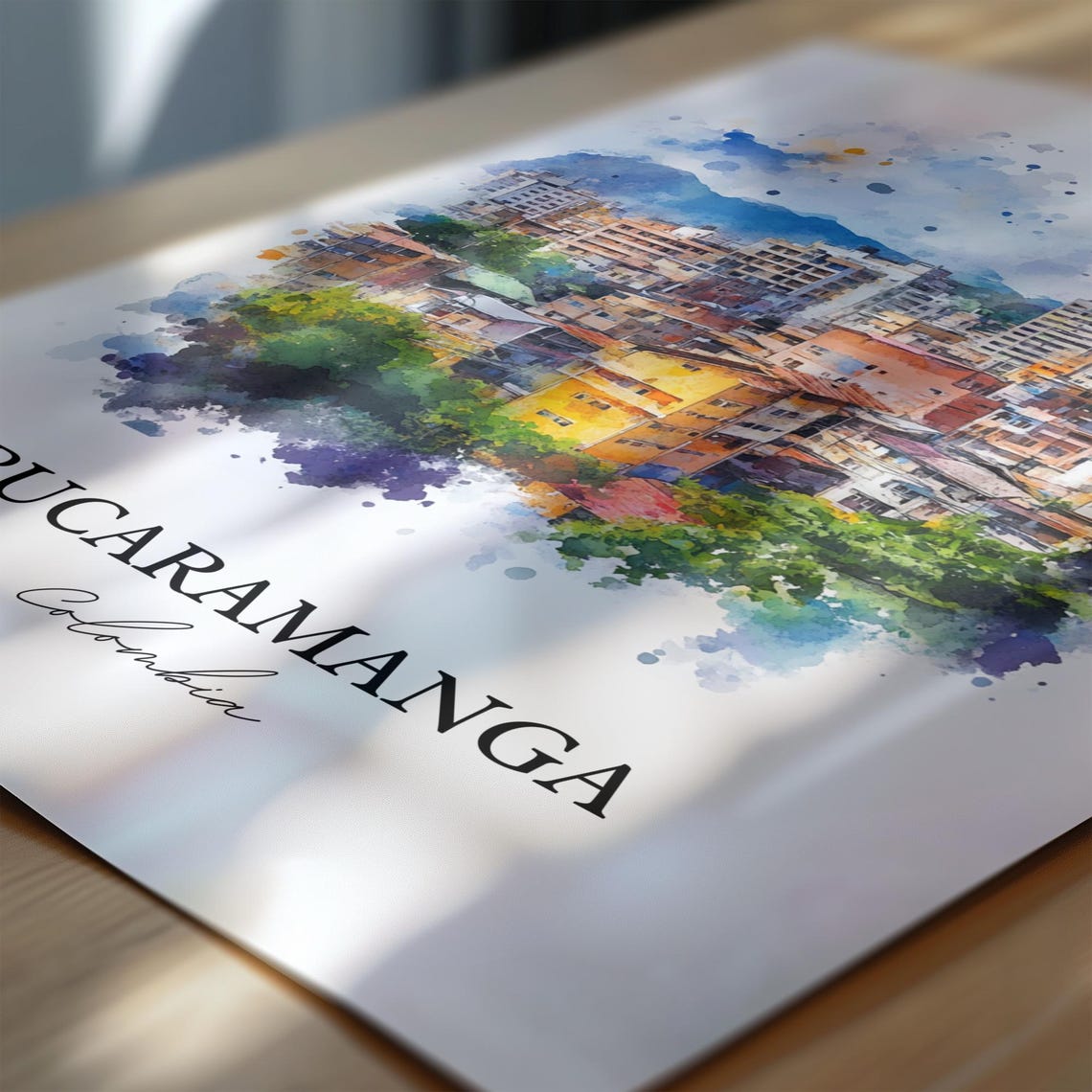 Bucaramanga Colombia City Skyline Blue Splash Watercolor Wall Art - Image 6