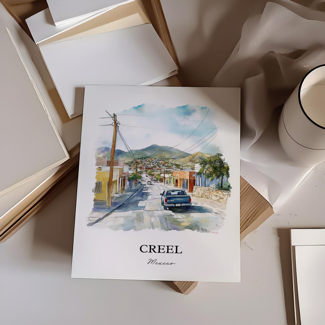 Creel Mexico Mountain Town Street Pickup Truck Watercolor Poster - Image 2