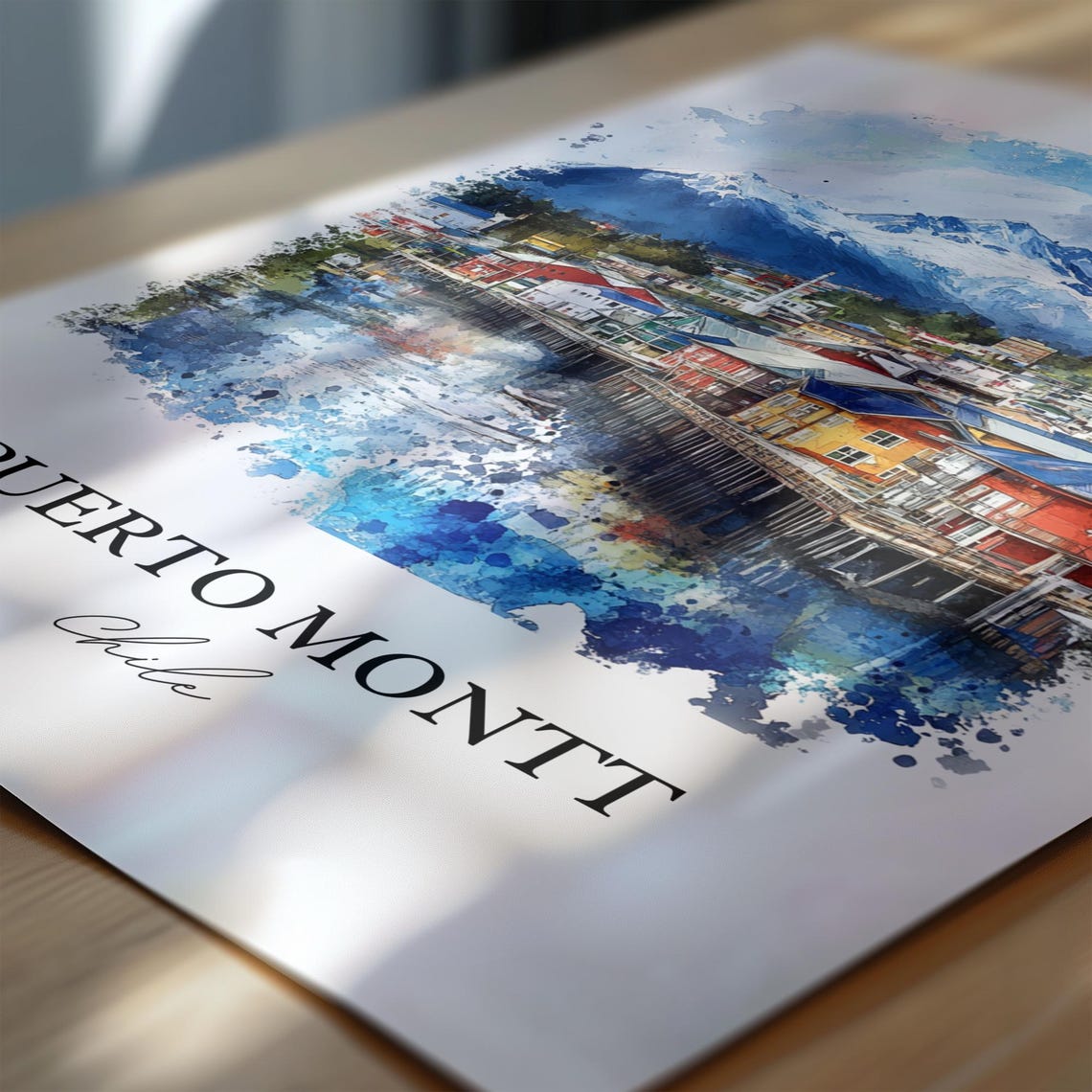 Puerto Montt Chile Watercolor Stilt Houses Snow Mountain Poster - Image 6
