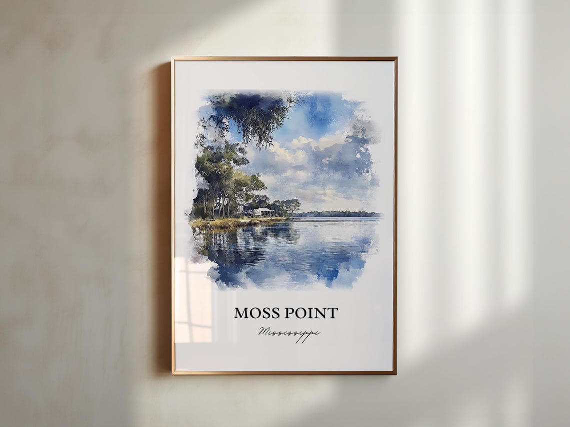 Moss Point Mississippi Calm Bay Water Trees Watercolor Art Poster - Image 4
