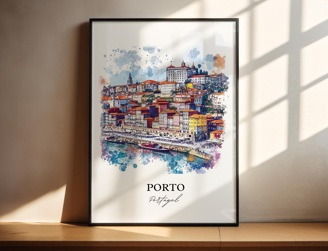 Porto Portugal Colorful Riverside Old Town Watercolor Travel Poster