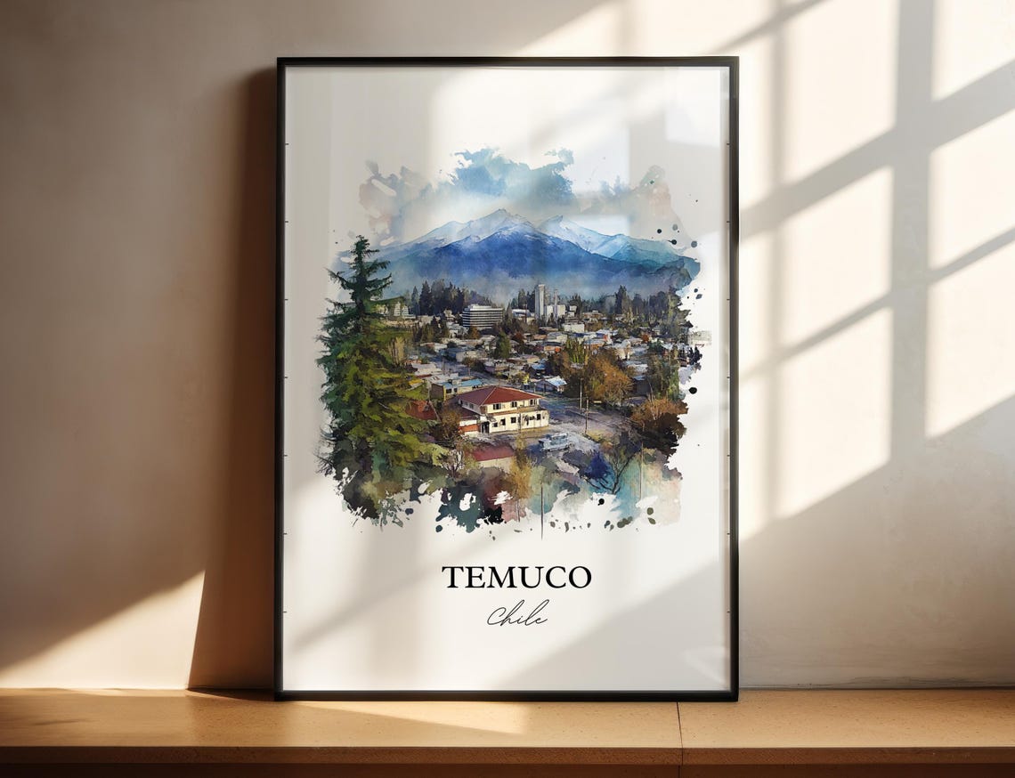 Temuco Chile Watercolor City Snowy Mountain Peaks Scenic Poster