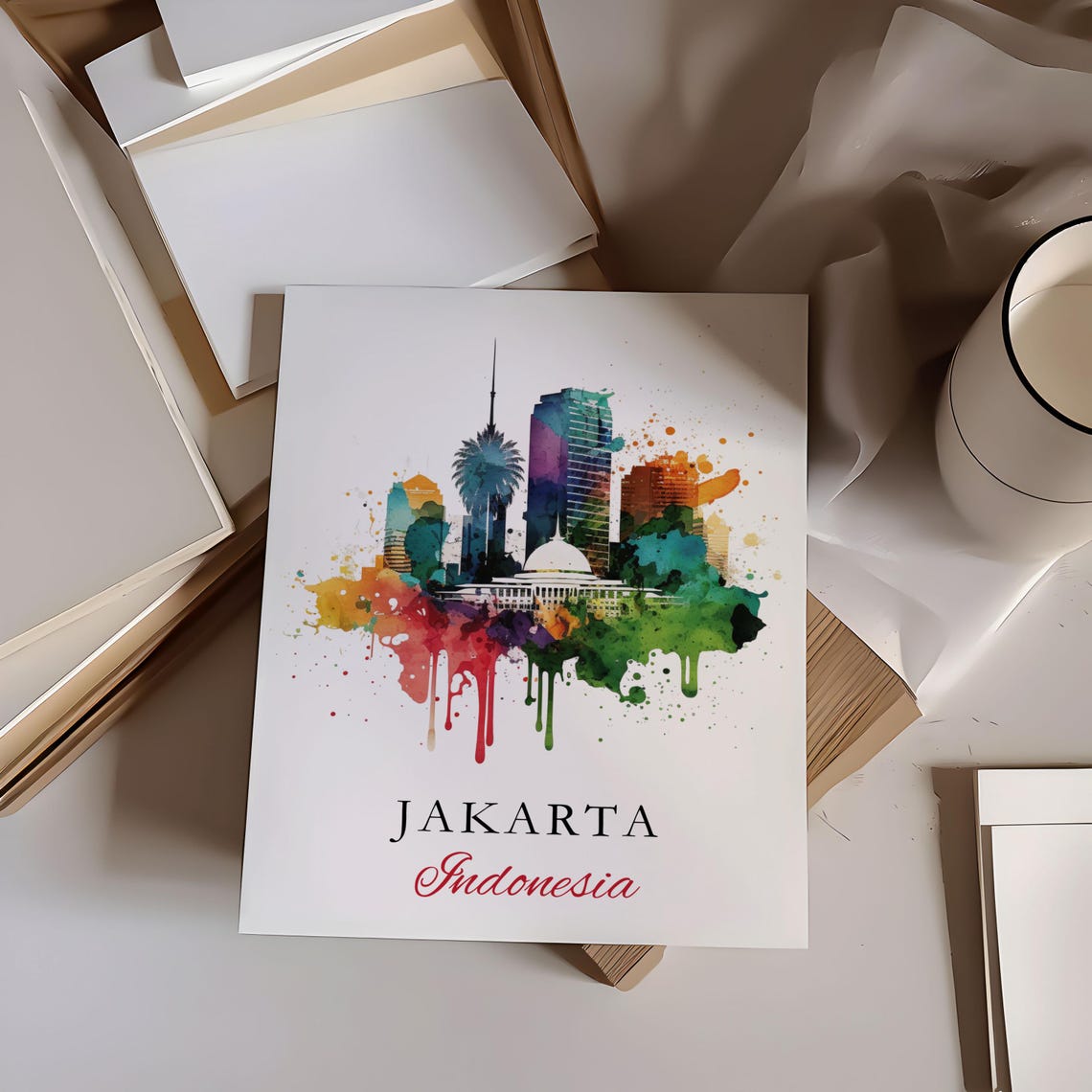 Jakarta Indonesia Splatter Watercolor Colorful Skyline Poster - Image 5