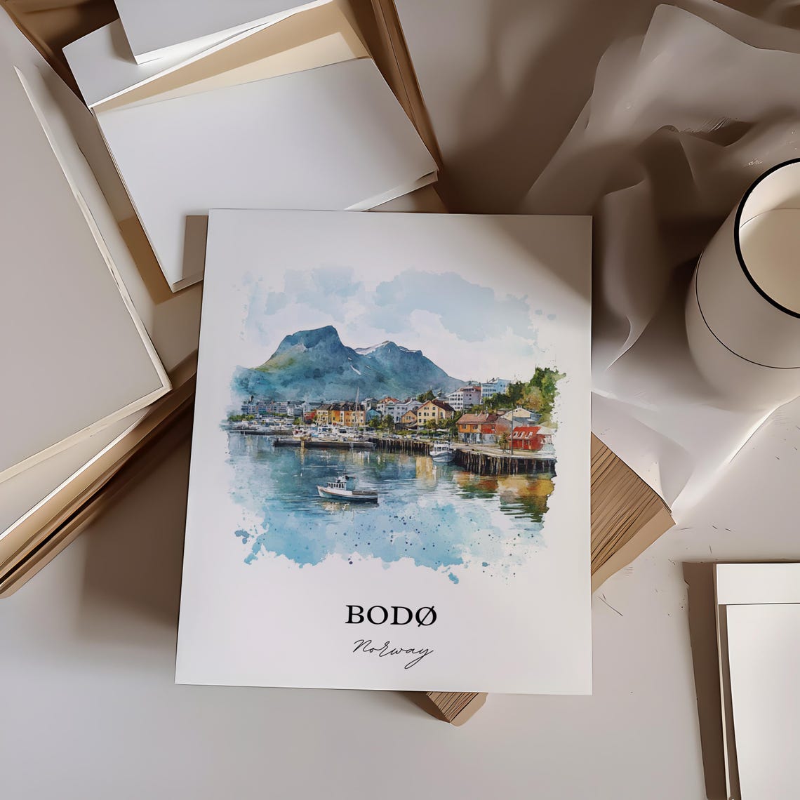 Bodo Norway Watercolor Harbor Town Mountain View Travel Poster - Image 2
