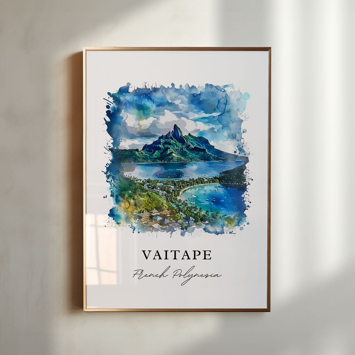 Vaitape French Polynesia Lagoon Mountain Bay Watercolor Art Poster