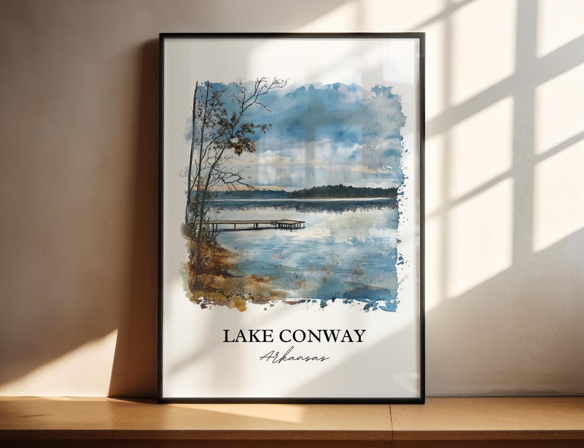 Lake Conway Arkansas Wooden Dock Autumn Watercolor Lake Poster