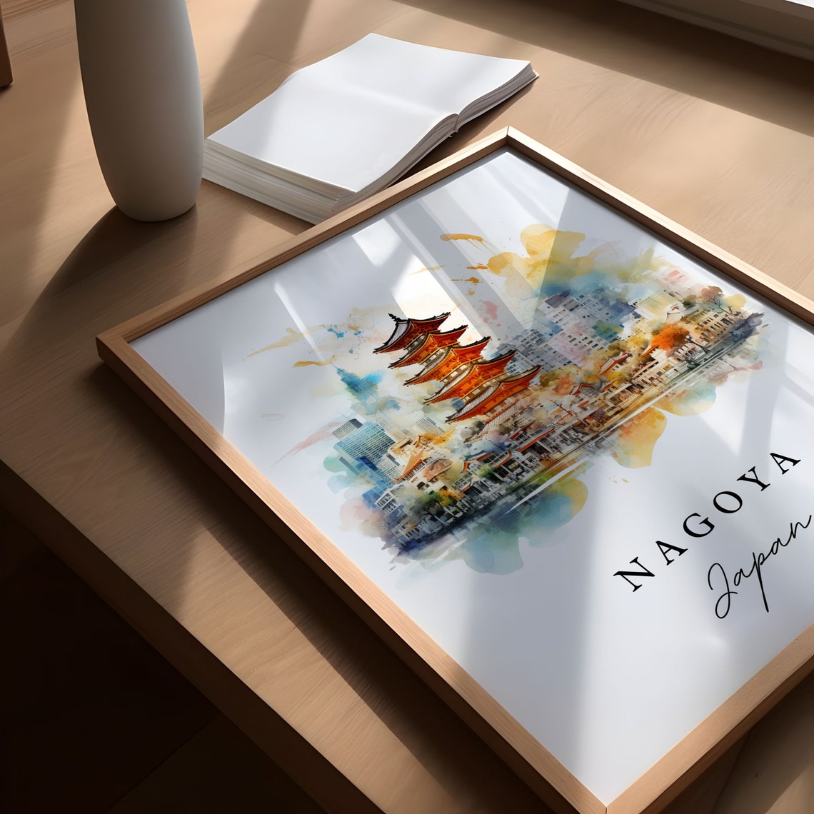 Nagoya Japan Watercolor Five Story Pagoda City Skyline Travel Poster - Image 6