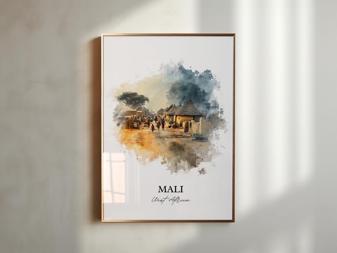 Mali West Africa Thatched Hut Village Street Watercolor Poster - Image 6
