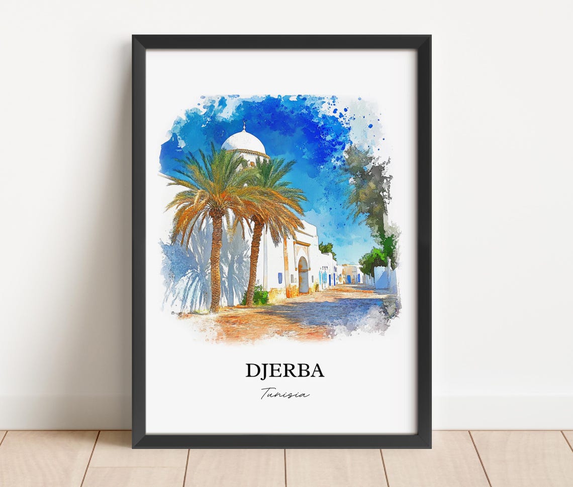 Djerba Tunisia White Mosque Palm Trees Watercolor Travel Poster - Image 2