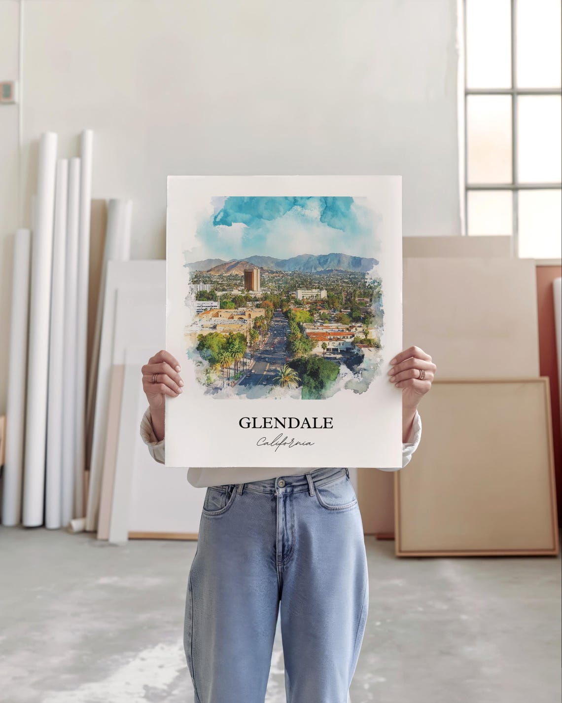Glendale California Watercolor Downtown Skyline City View Poster - Image 4