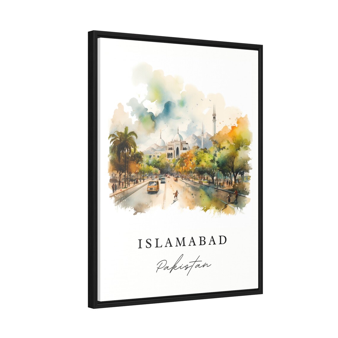 Islamabad Pakistan Watercolor Tree Lined Street Mosque Travel Gift Poster - Image 2