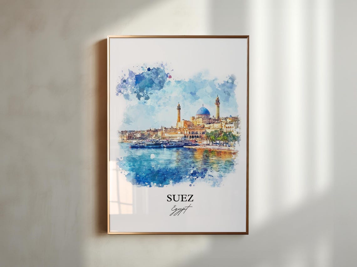 Suez Egypt Harbor Watercolor Mosque Skyline Travel Art Poster - Image 6