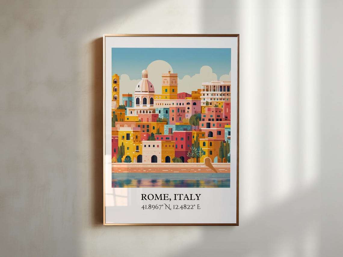Rome Italy Colorful Old Town Dome Riverbank Retro Travel Art Poster - Image 2