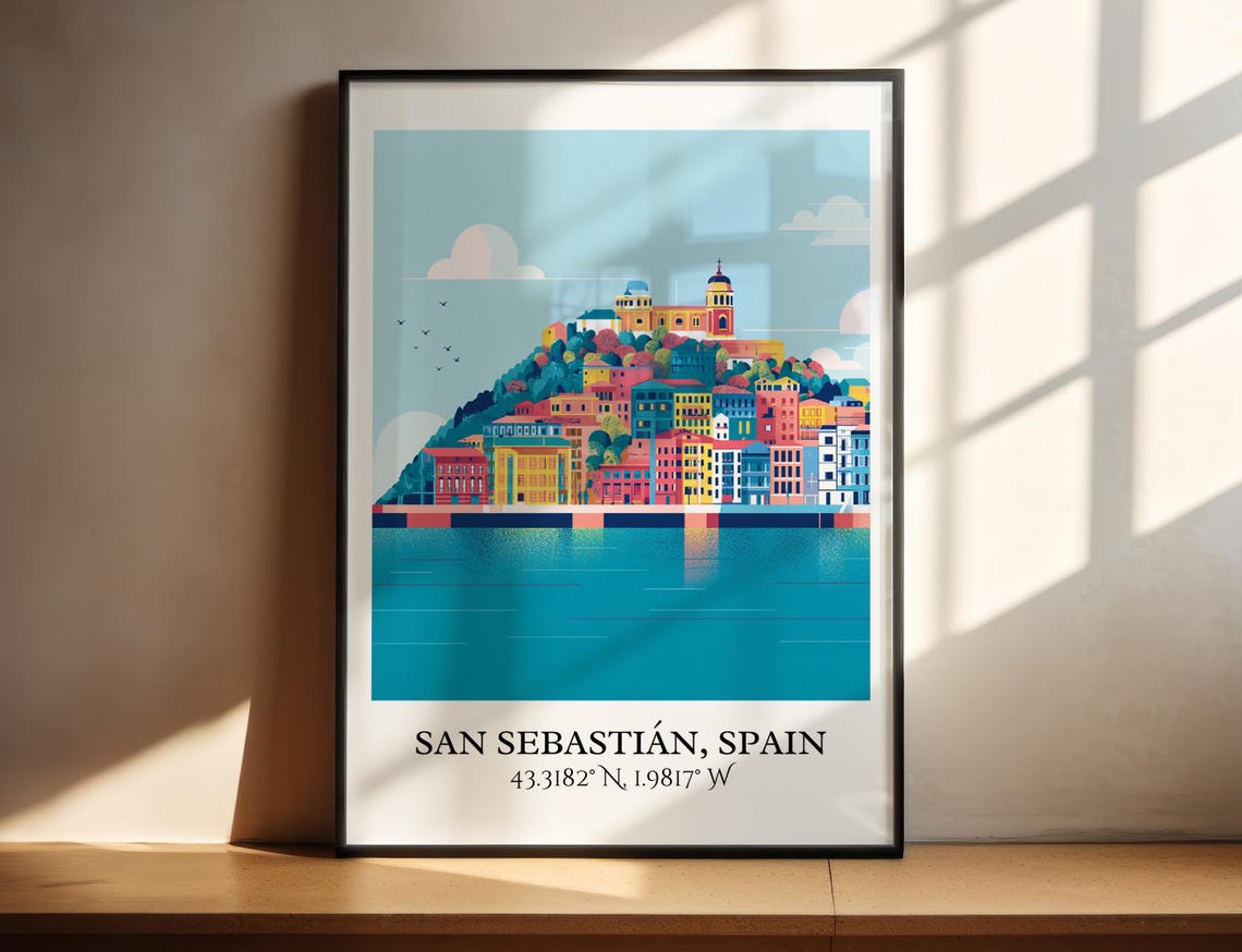 San Sebastian Spain Bay Hilltop Castle Waterfront Travel Poster