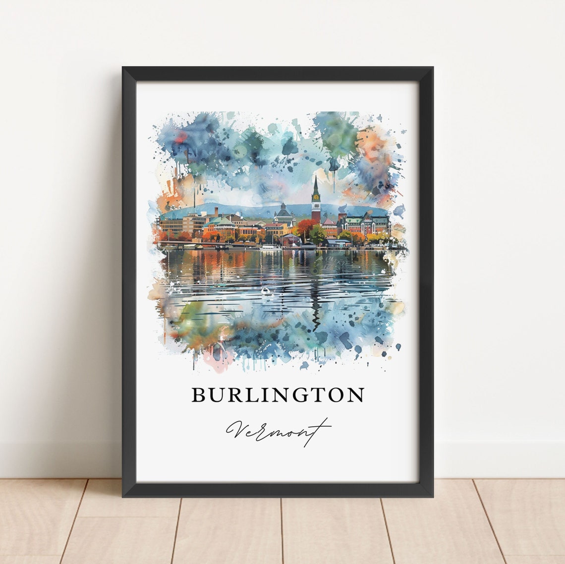 Burlington Vermont Lakefront Reflection Watercolor Skyline Art Poster