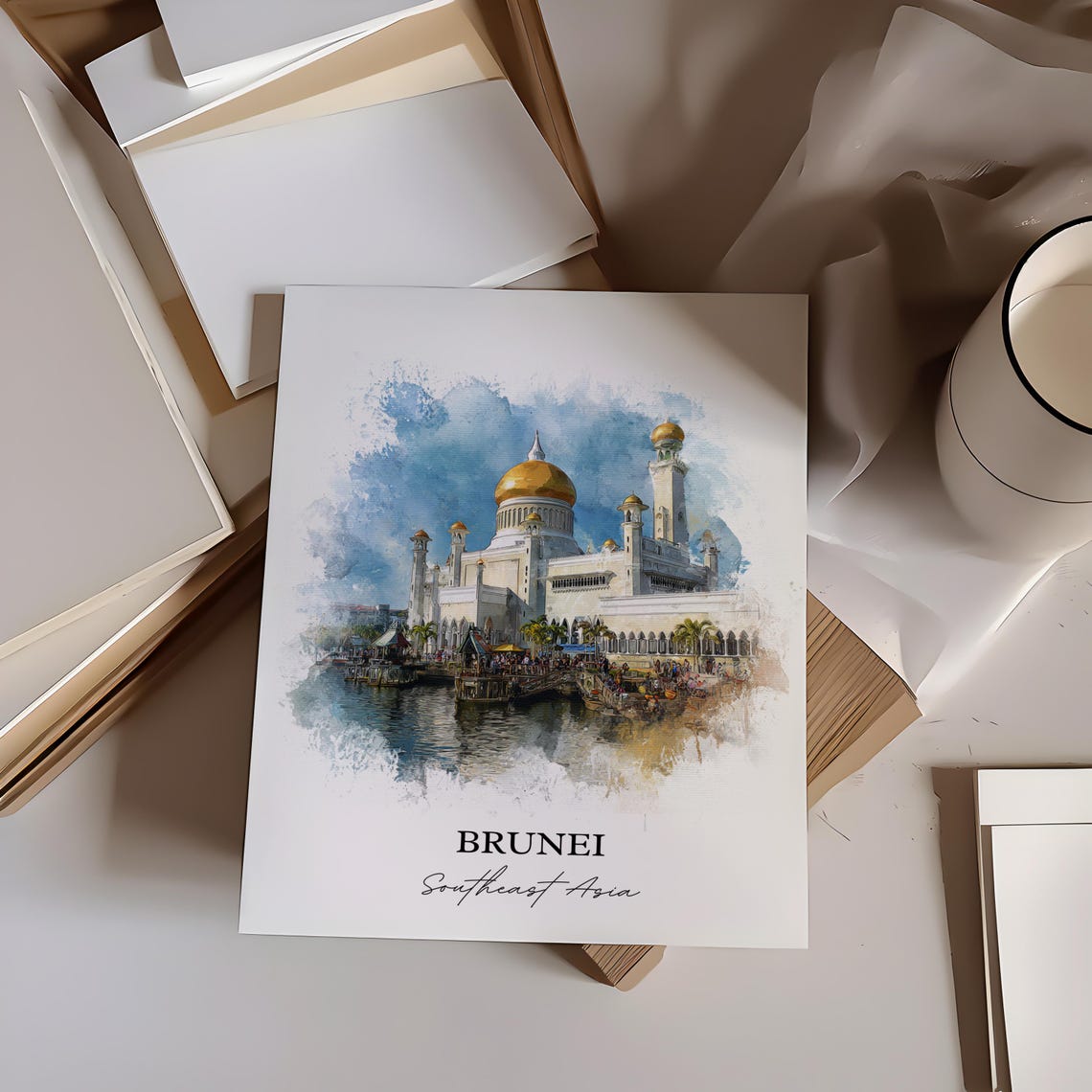 Brunei Southeast Asia Golden Dome Mosque Waterfront Watercolor Poster - Image 3