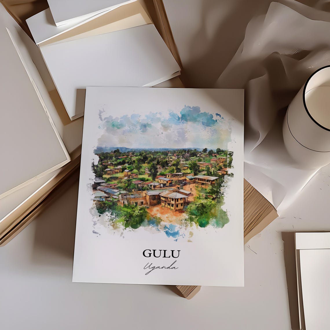 Gulu Uganda Aerial Town View Green Landscape Watercolor Poster - Image 3